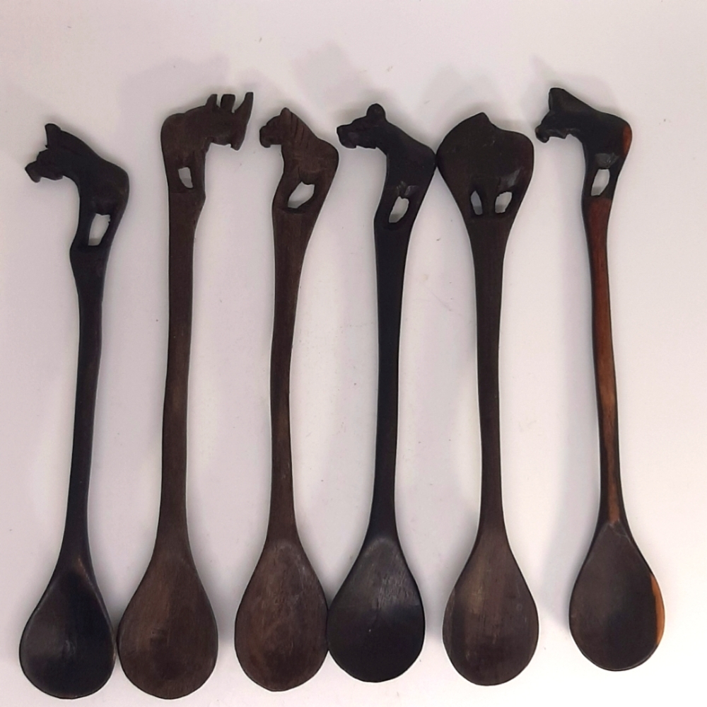 6 Hand Carved Kenya African Animal Dark Spoons Wooden